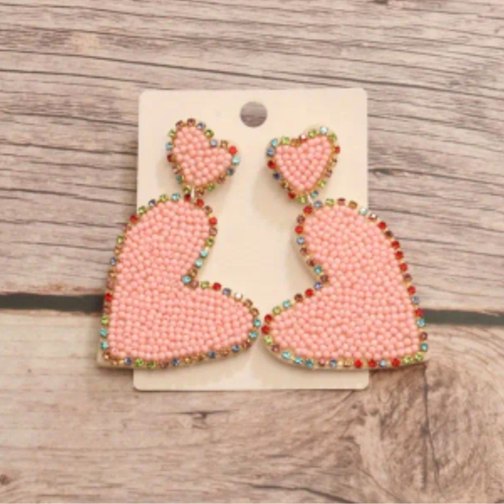 Bohemian Style Beaded Heart Earrings NWT Pink